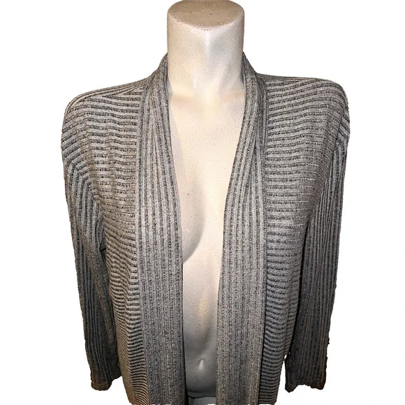 BANANA REPUBLIC Sweater Women's Size M Black Grey Ribbed Stripe Open LS Cardigan - Picture 2 of 6
